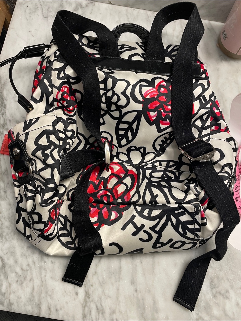 Coach Cream Floral Convertible Backpack with Black & Red Accents - Picture 2 of 12